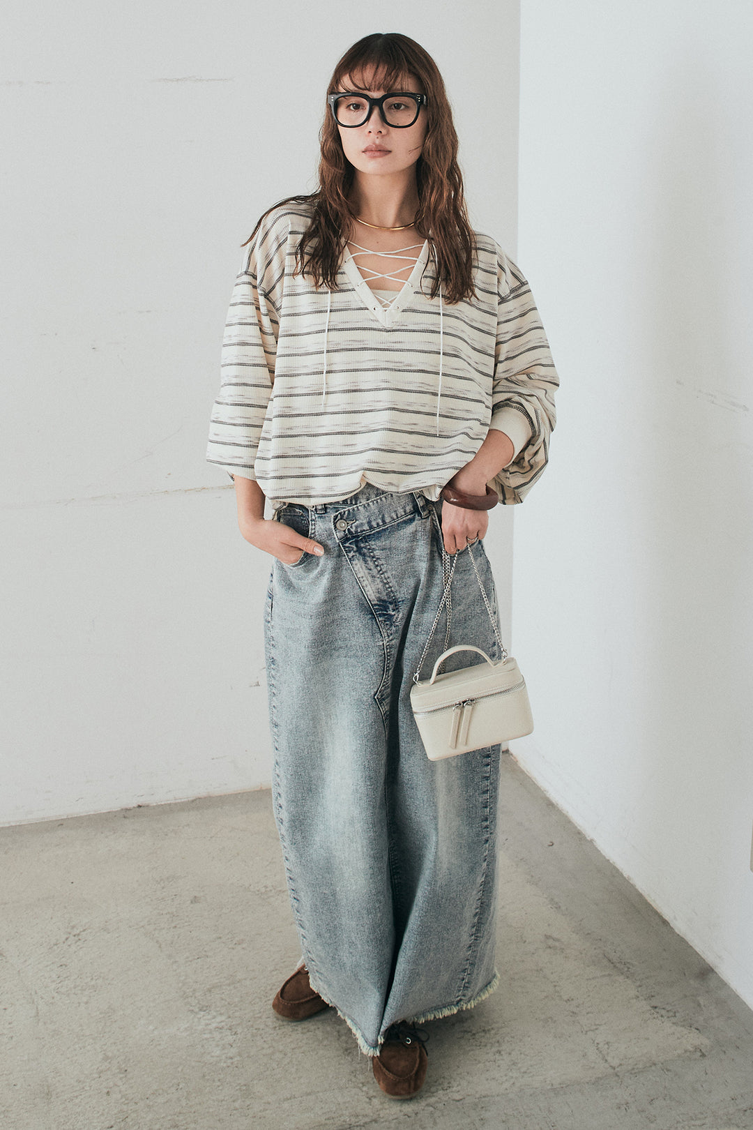 [SET]レースアップワッフルボーダートップス+ウエストクロスデニムタイトスカート(2set)