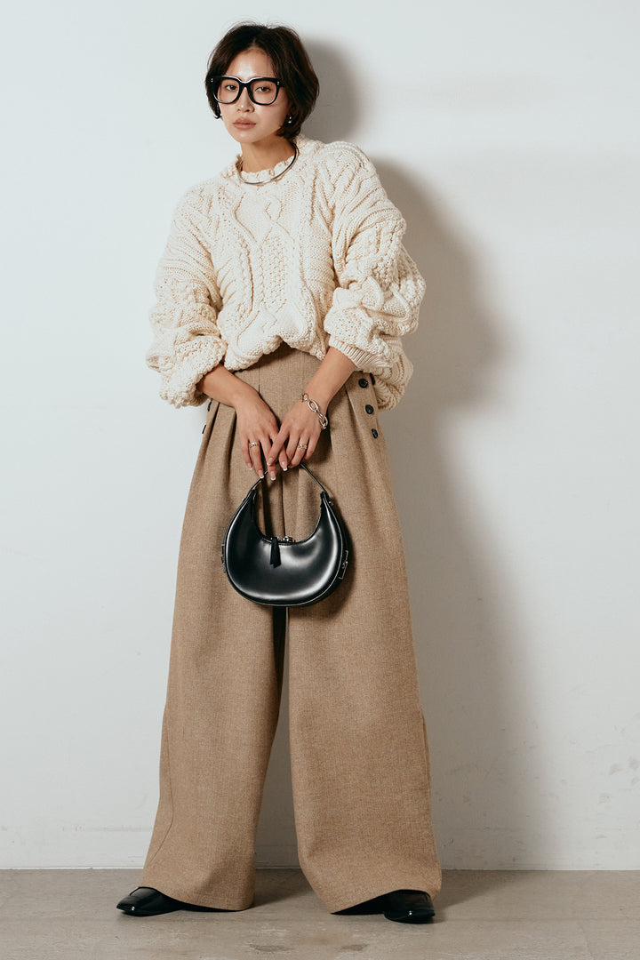 [SET]アラン柄ミックスケーブルニット+サイドボタンツイードタックパンツ(2set)