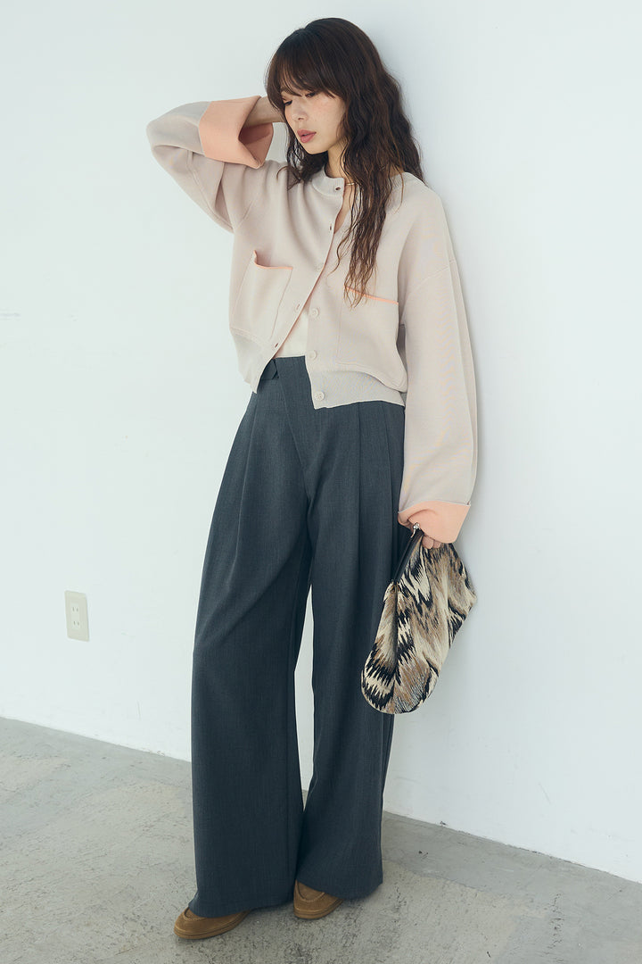 [SET]レーヨンポリダブルフェイスカーディガン+サイドベルトタック入りスラックス(2set)