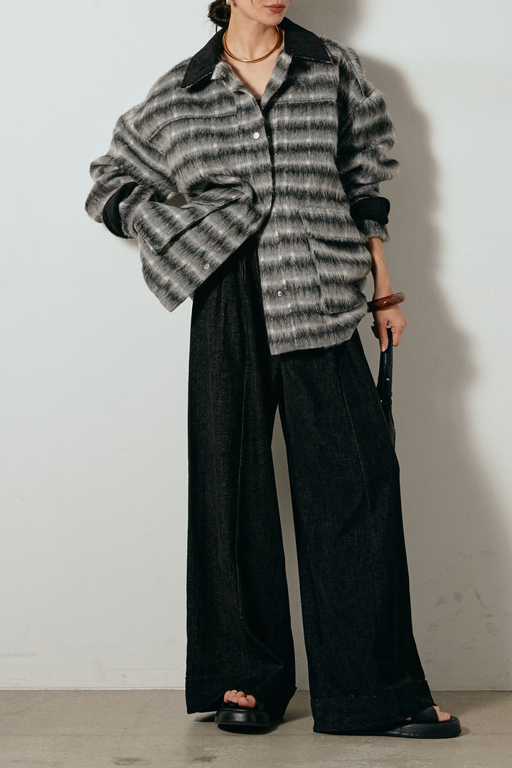 [SET]チェックシャギーミドルカバーオール+フェイクレザーベルト付きスウェードライクワイドパンツ(2set)