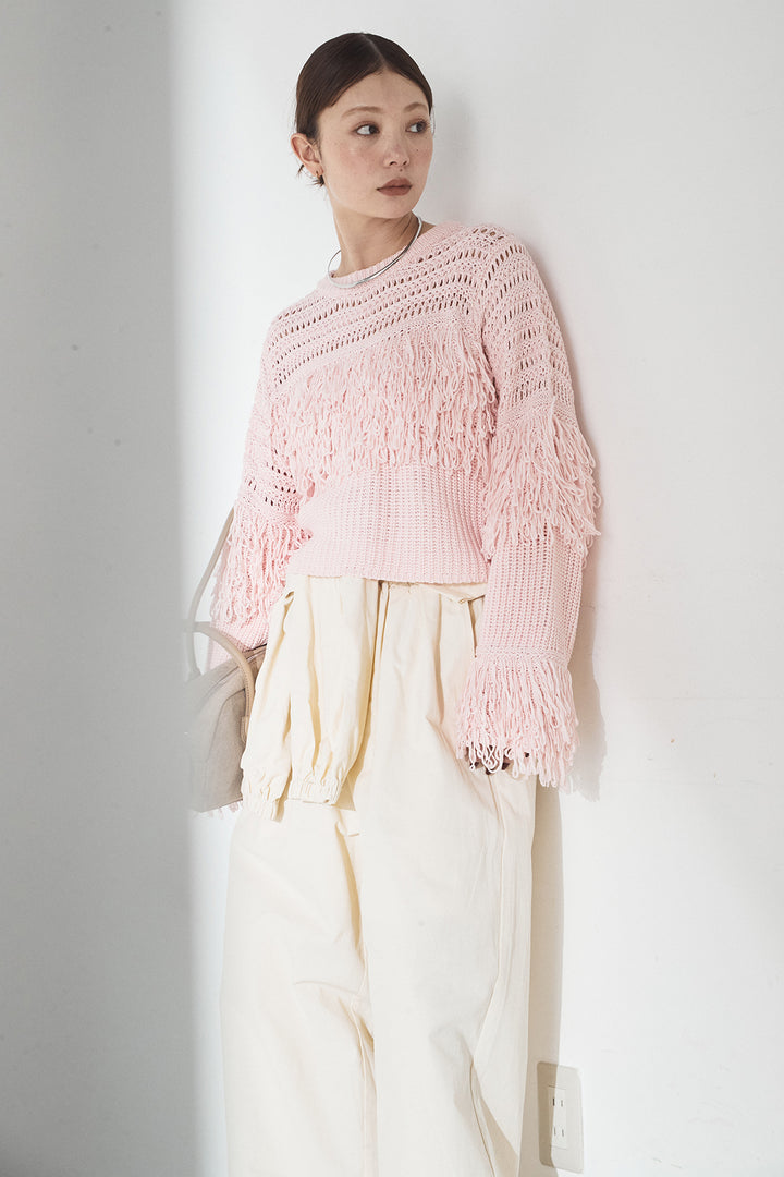 [SET]メッシュフリンジ切り替えプルオーバー+合繊ツイルスタンドウエスト巻きジョガーパンツ(2set)