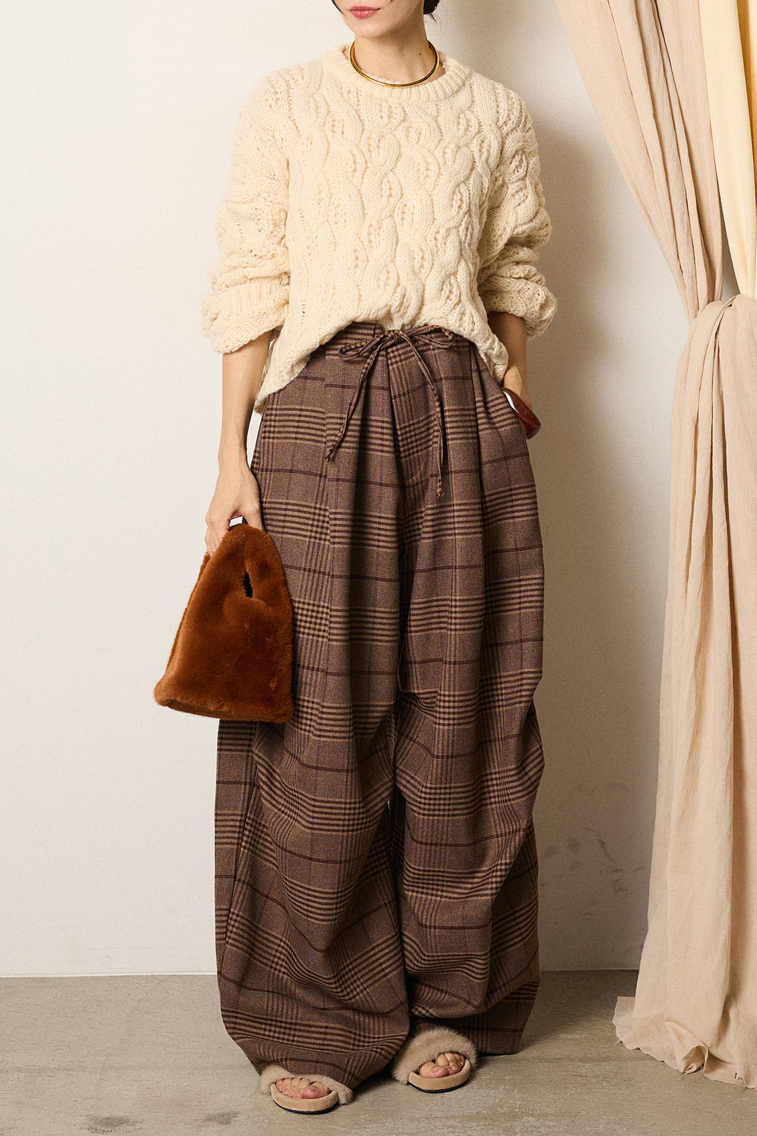 [SET]ケーブルリラックスショートニット+グレンチェックルーズタックパンツ(2set)