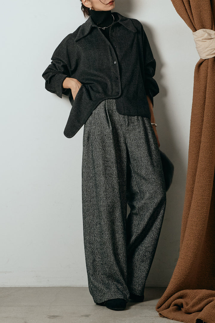 [SET]裾アシンメトリーデザインシャツ+タックツイードワイドパンツ+リブニットシームレスタートルプルオーバー(3set)