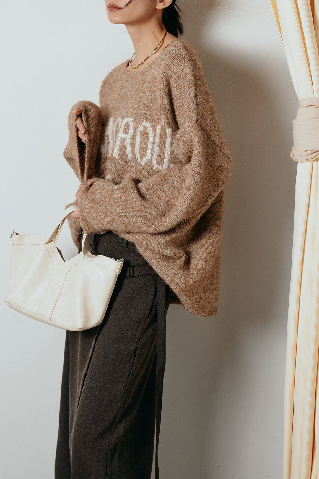 [SET]フロントロゴデザインニットトップス+ラップ巻きワイドスラックス(2set)