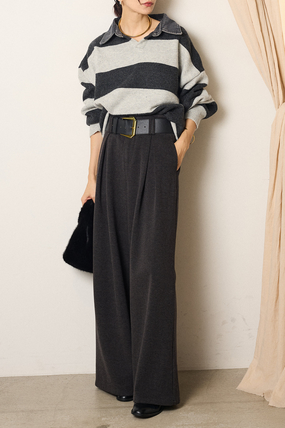 [SET]デニムカラーボーダールーズニット+ゴールドバックル太ベルト付きワイドパンツ(2set)