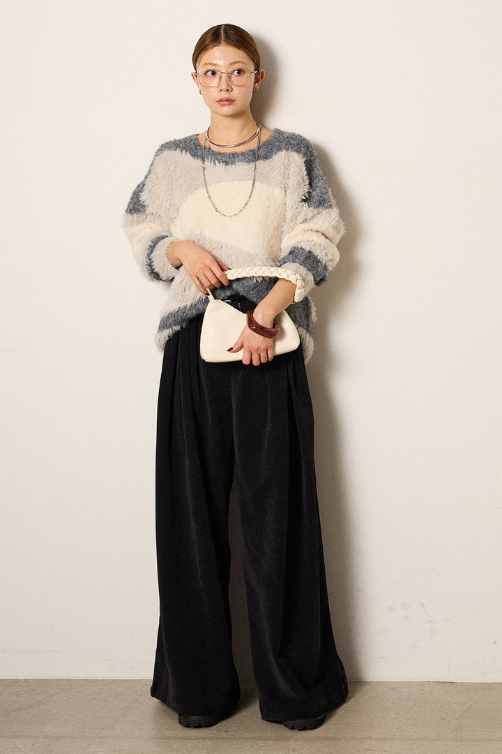 [SET]シャギーウェーブ柄クルーネックニットトップス+ベルトループコーデュロイワイドパンツ(2set)