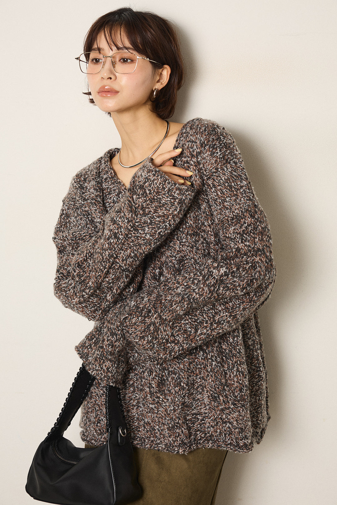 [SET]Vネックミックス編みニットトップス+スウェードライク裾フリンジスカート(2set)