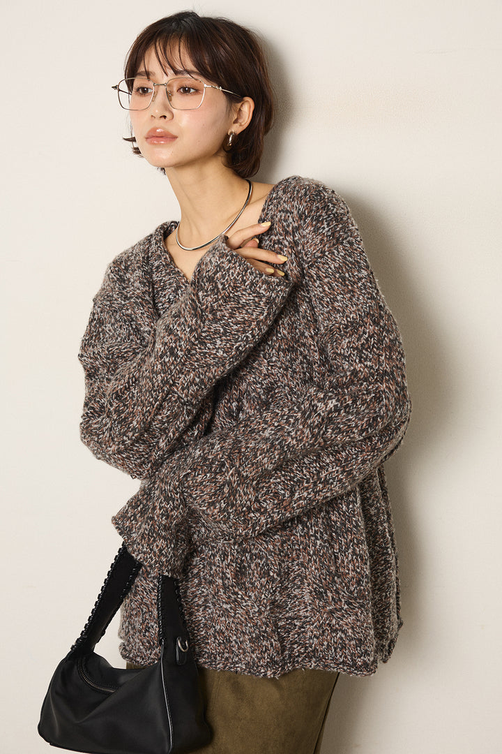 [SET]Vネックミックス編みニットトップス+スウェードライク裾フリンジスカート(2set)