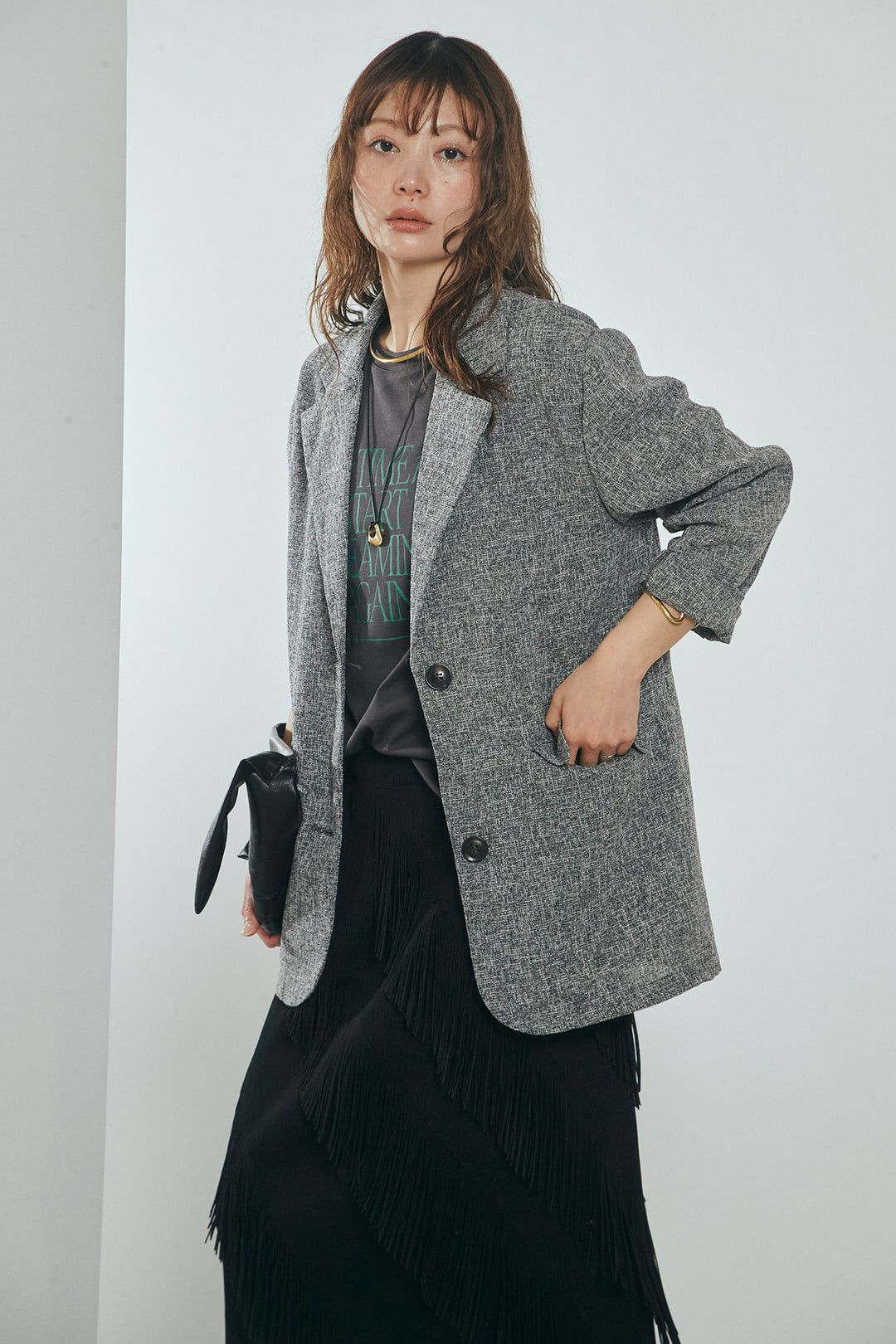 [SET]ミックスツイードベルト付きジャケット+斜めフリンジデザインスカート(2set)