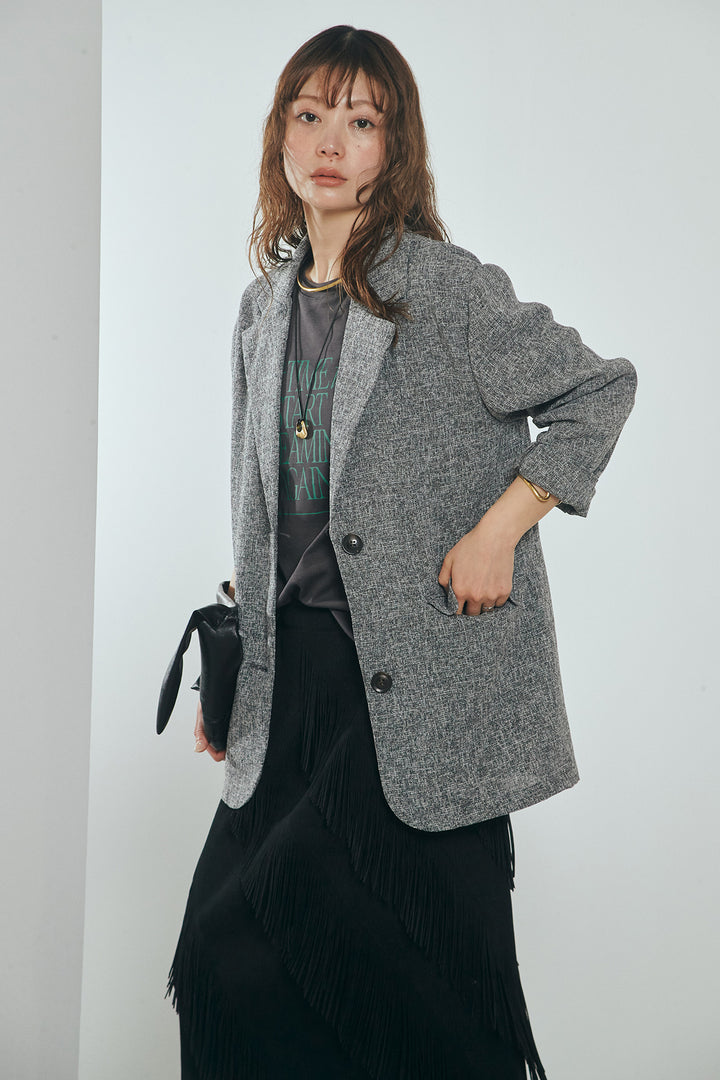 [SET]ミックスツイードベルト付きジャケット+斜めフリンジデザインスカート(2set)