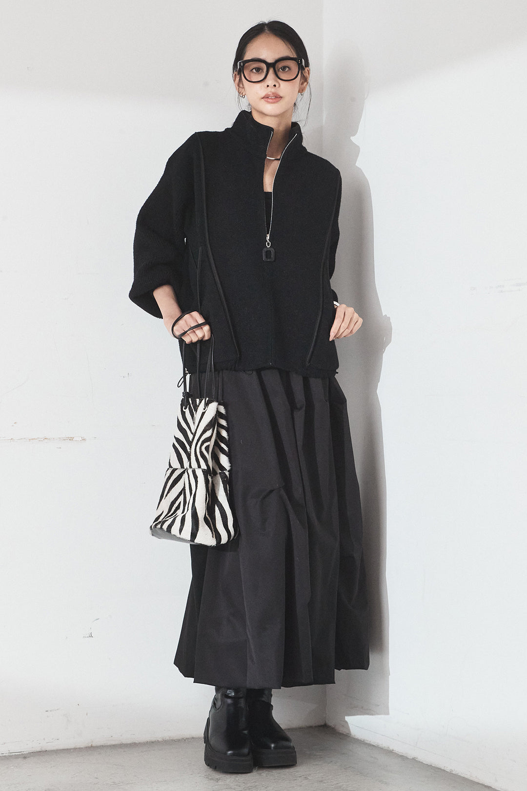 [SET]ハイネックパイピングデザインブルゾン+ランダムタックバルーンスカート(2set)