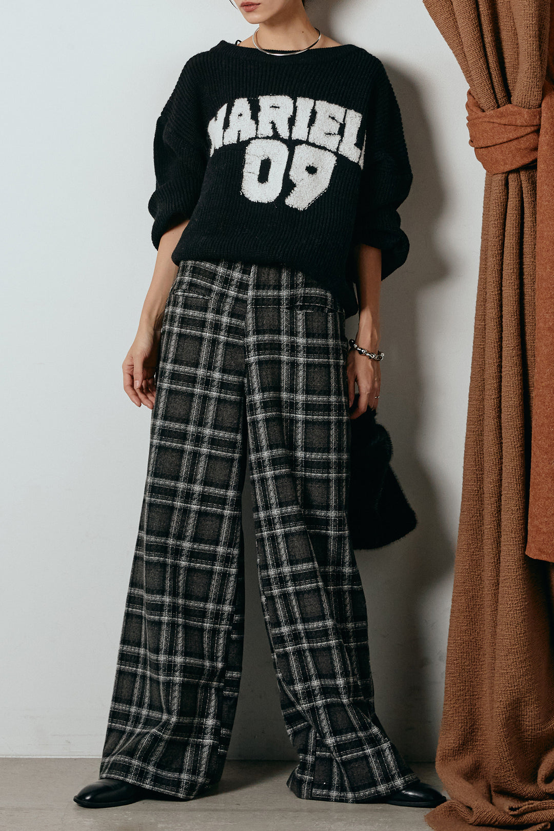[SET]ロゴジャガードニットトップス+ルーズタータンチェックワイドパンツ(2set)