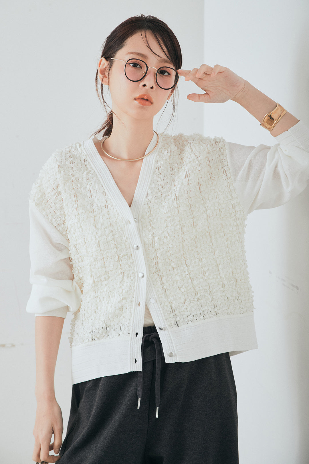 [SET]モコレースVネックカーディガン+カットダンボールウエストフリルカーブパンツ(2set)