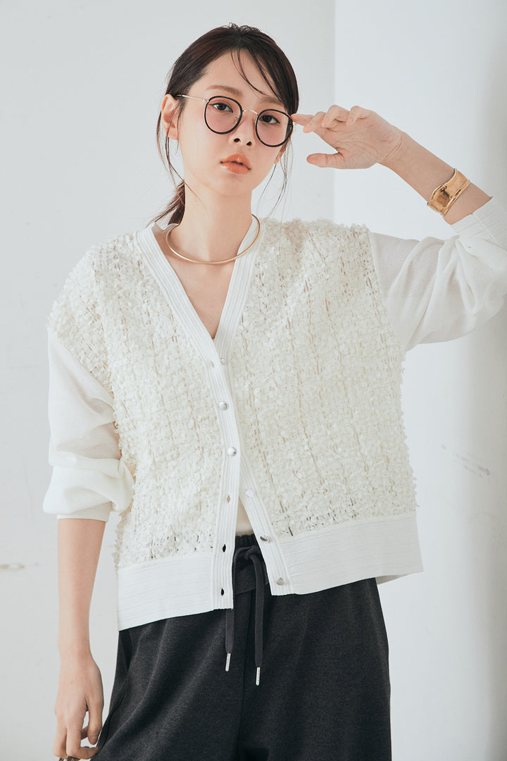 [SET]モコレースVネックカーディガン+カットダンボールウエストフリルカーブパンツ(2set)