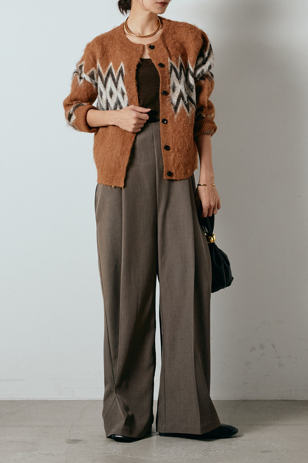 [SET]起毛ノルディック柄ニットカーディガン+ワイドツイルサロペット(2set)