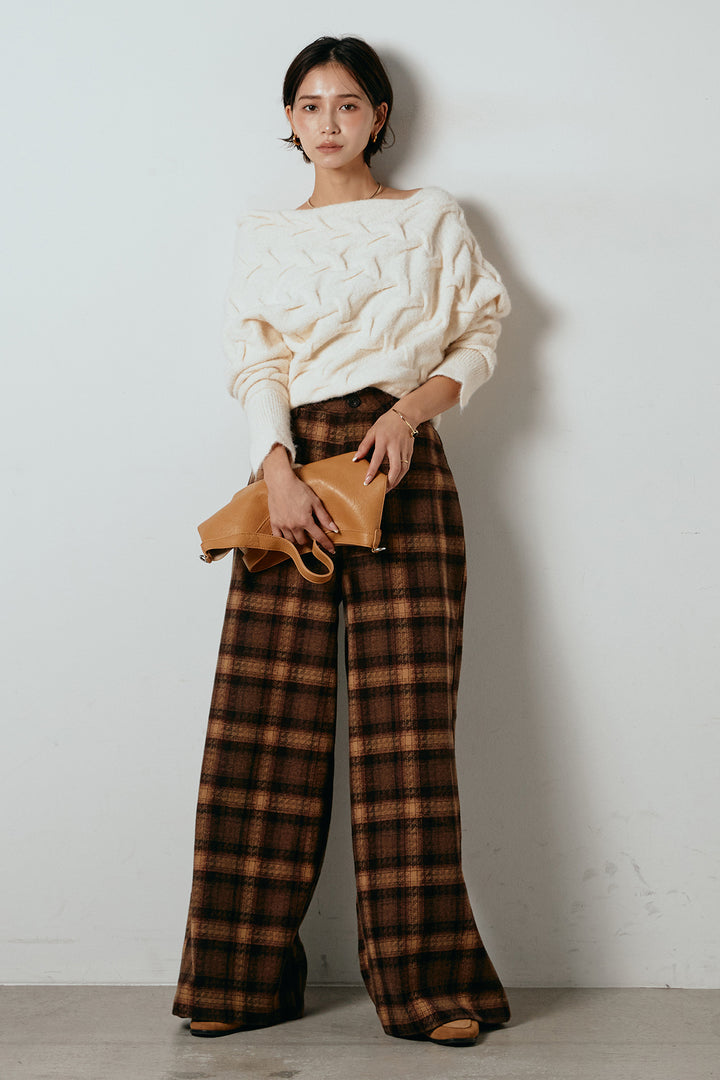 [SET]ボートネックニットトップス+ルーズタータンチェックワイドパンツ(2set)