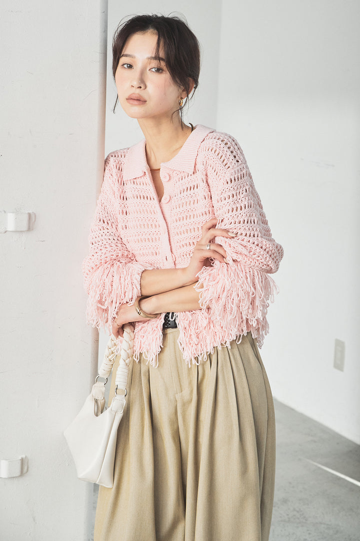 [SET]メッシュフリンジカーディガン+編みベルト付きウエストタックワイドパンツ(2set)