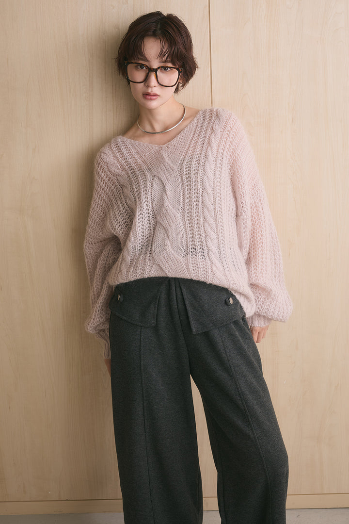 [SET]シアーモヘアケーブルVニックニット+ナポレオンデザインラップカーブパンツ(2set)