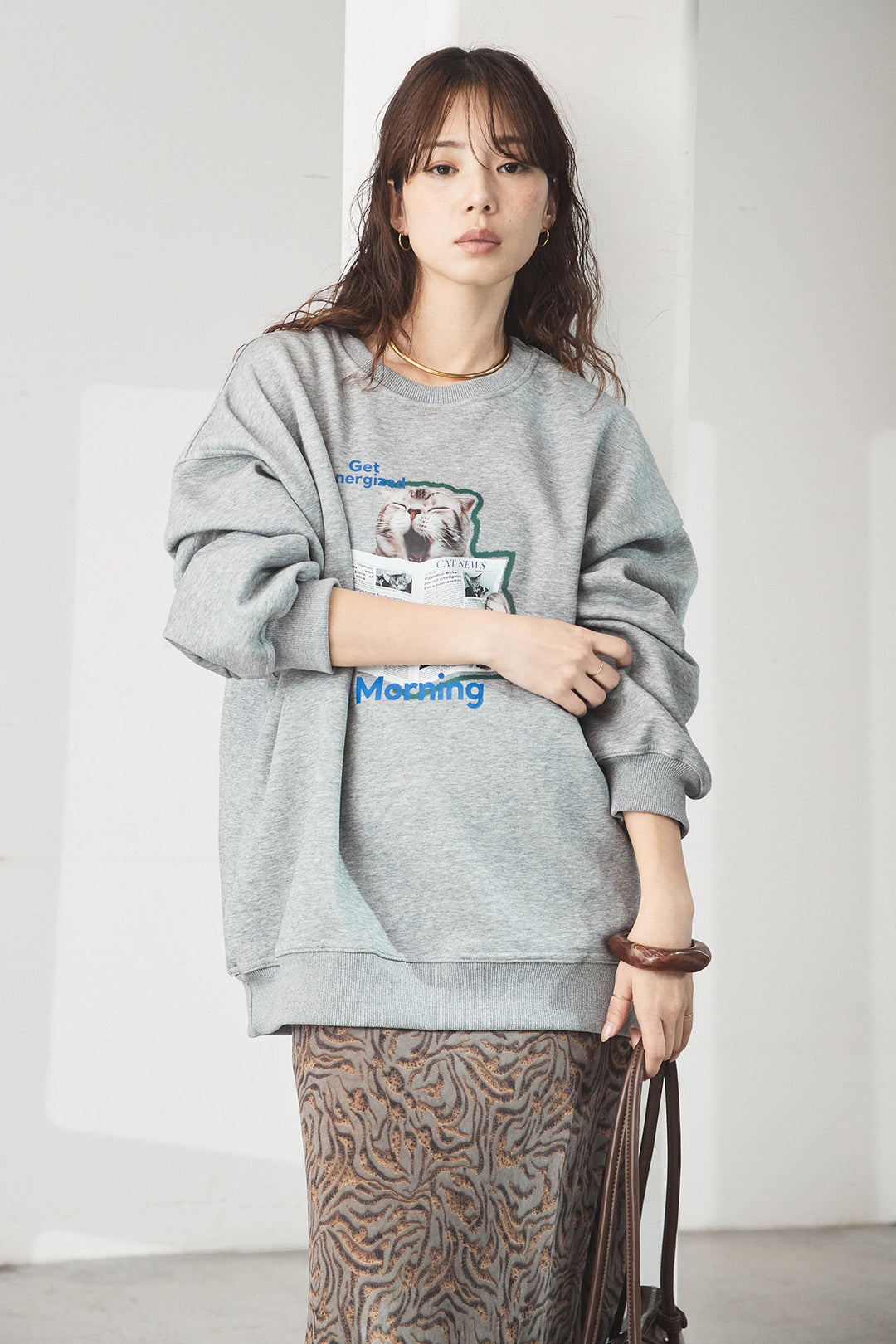 [SET]裏起毛モーニングキャットプリントスウェット+抽象柄ロングスカート(2set)