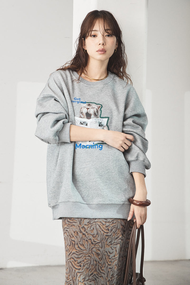 [SET]裏起毛モーニングキャットプリントスウェット+抽象柄ロングスカート(2set)