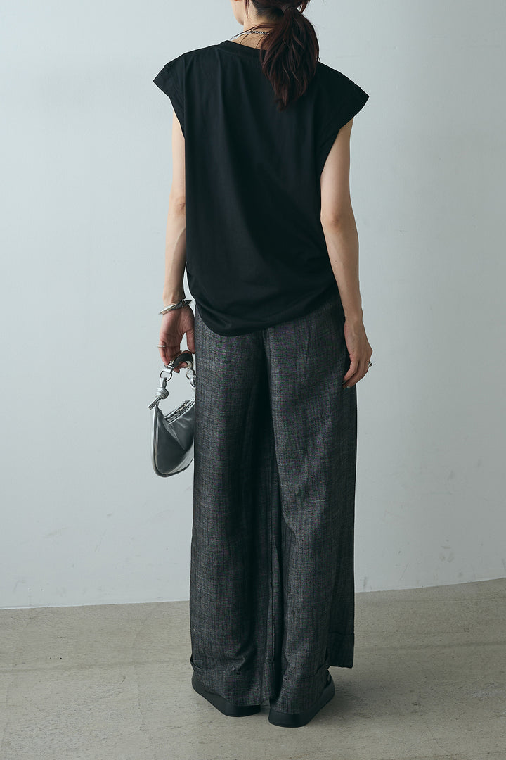 [SET]英字デザインノースリーブTシャツ+タック入りかすれ柄ワイドパンツ(2set)