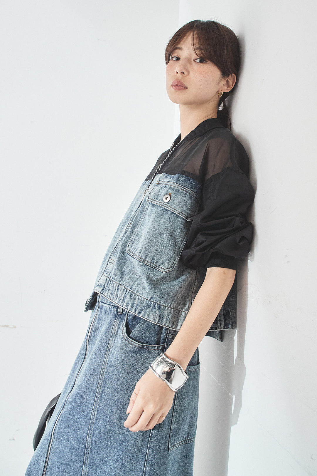 [SET]デニムコンビネーションブルゾン+フロントジップデニムスカート(2set)