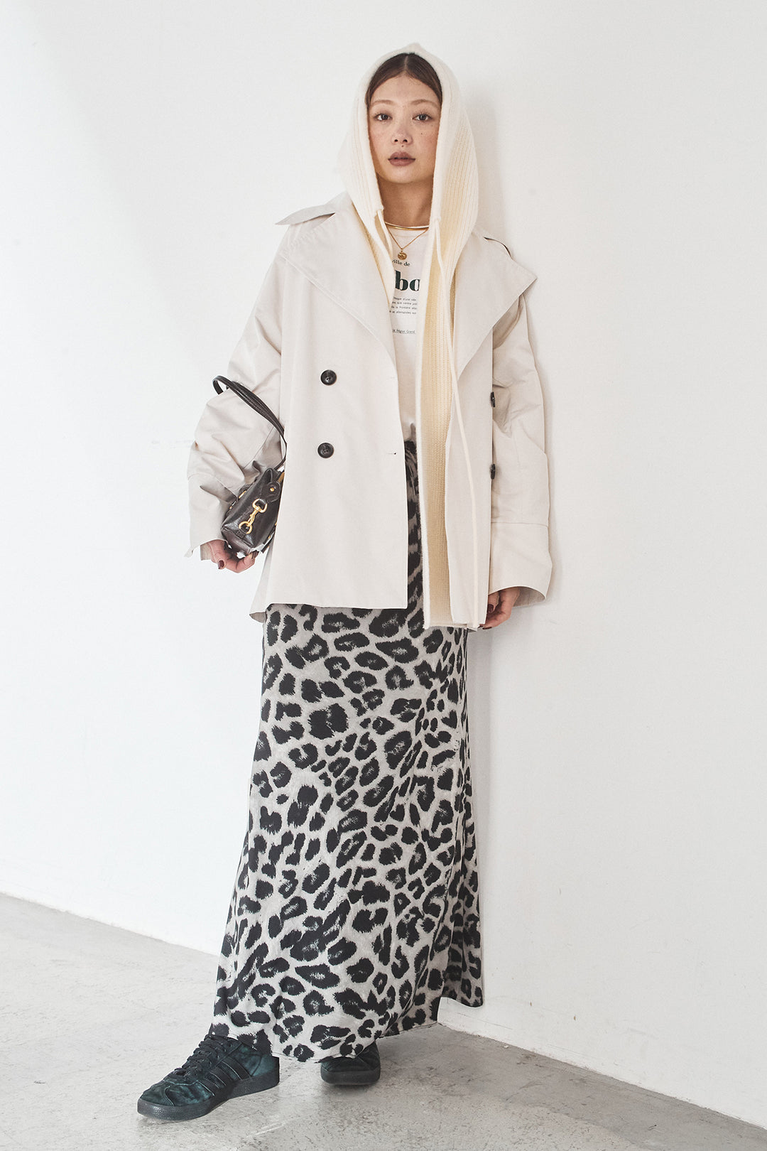 [SET]ナイロントレンチコート+レオパードサテンナロースカート(2set)