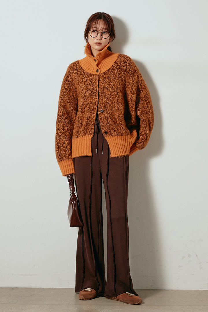 [SET]ハイネックミックスニットトップス+フロントラインデザインワイドスウェットパンツ(2set)