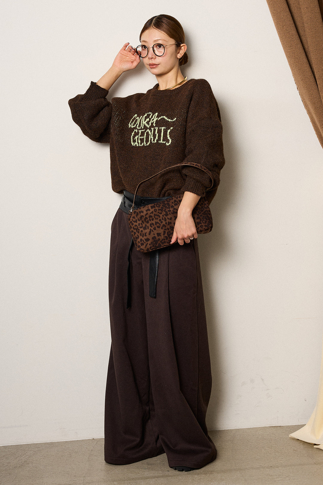 [SET]ロゴシャギーニットプルオーバー+巻ベルトウエストレザーライクワイドパンツ(2set)