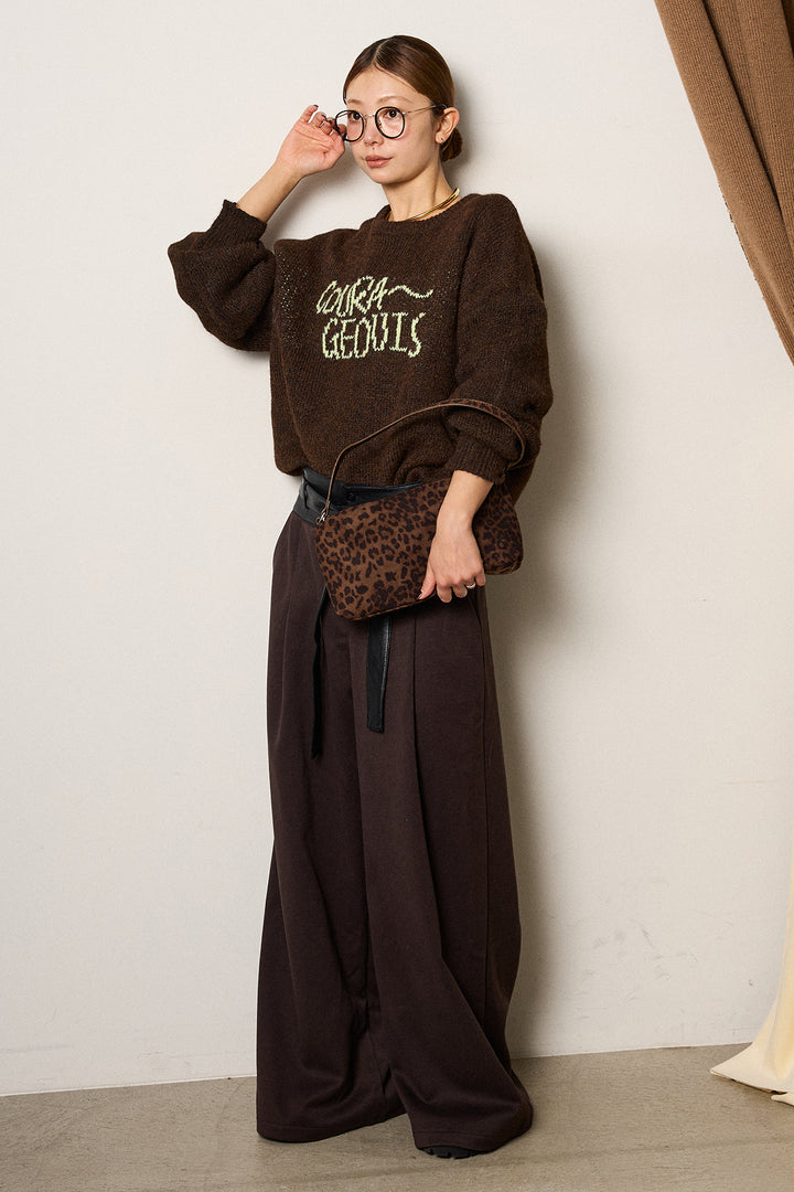 [SET]ロゴシャギーニットプルオーバー+巻ベルトウエストレザーライクワイドパンツ(2set)