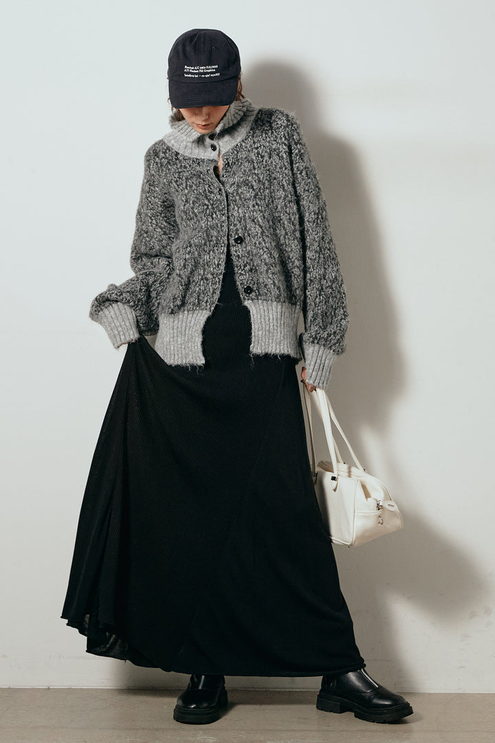 [SET]ハイネックミックスニットトップス+サイド切り替えリブニットロングスカート(2set)