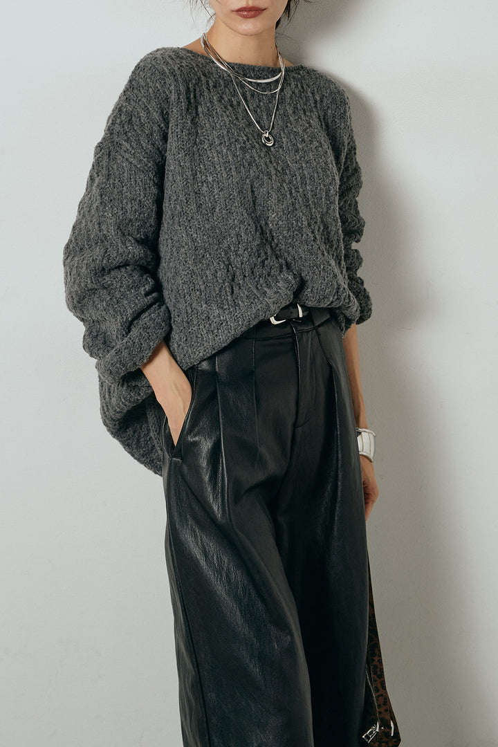 [SET]ボリューム編みニットプルオーバー+ベルト付きレザーライクタックパンツ(2set)