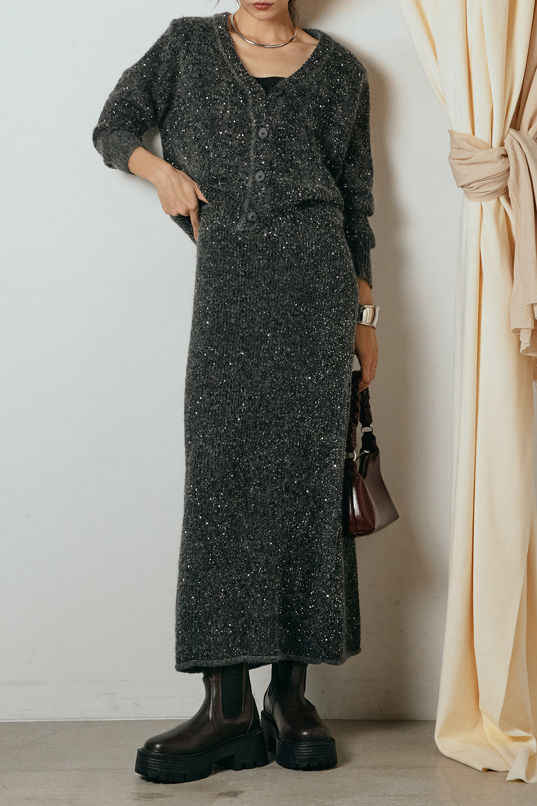 [SET]ミニラメニットカーディガン+ミニラメニットスカート(2set)