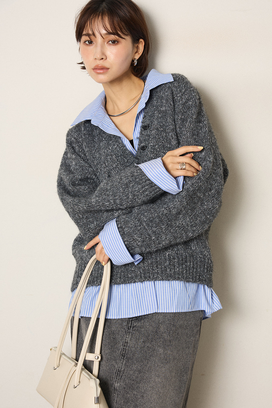 [SET]ストライプシャツドッキングニットポロトップス+デニムロングフレアスカート(2set)