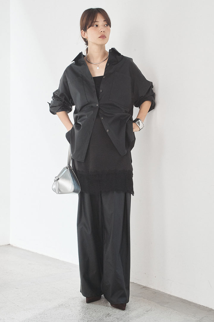 [SET]ウォッシャブルエコレザービックカフスシャツ+ウォッシャブルエコレザータックパンツ(2set)