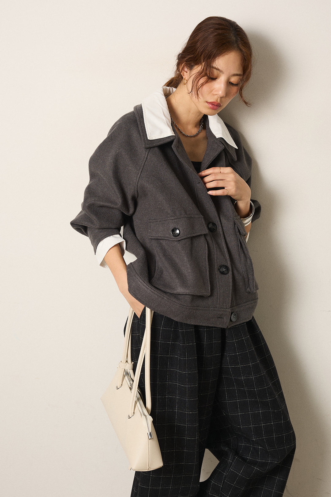 [SET]衿レイヤードフェイクウールジャケット+ウールライクチェックタックパンツ(2set)