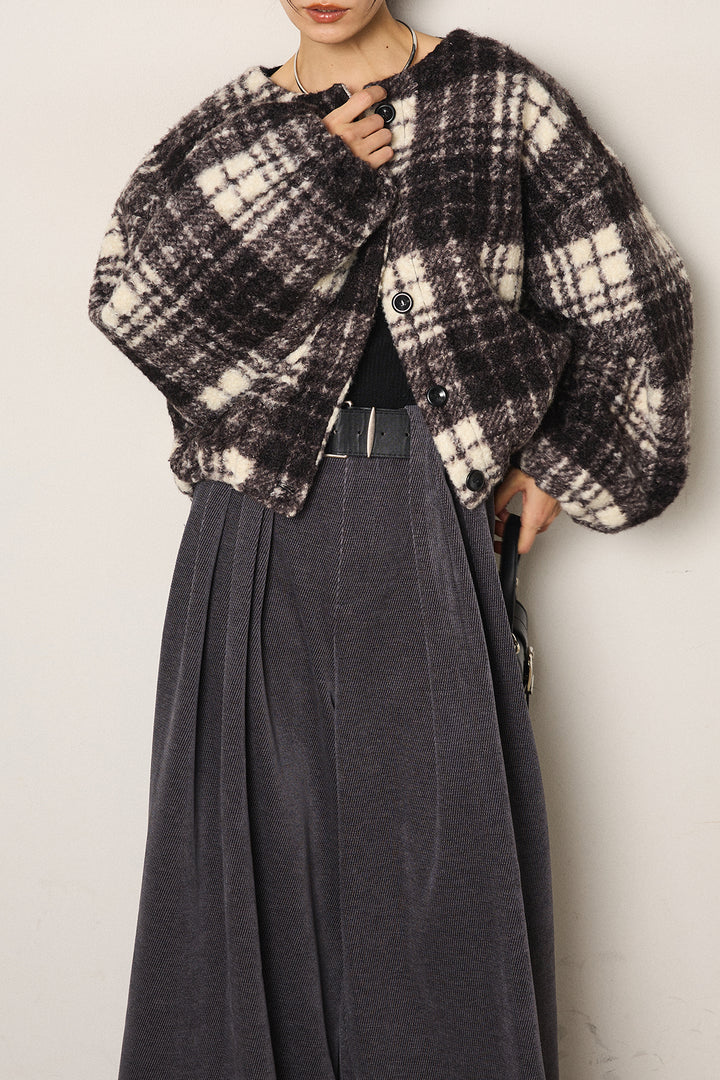 [SET]ノーカラーチェック柄ボアブルゾン+ベルトループコーデュロイワイドパンツ(2set)