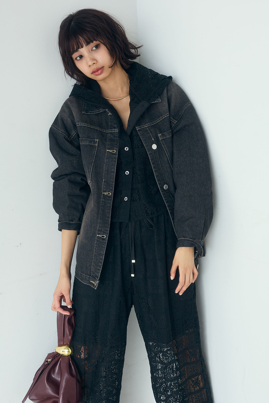 [SET]パッチワークレースショート丈フードシャツ+パッチワークレースイージーパンツ(2set)