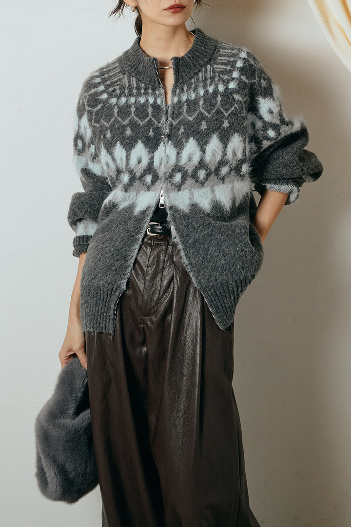 [SET]起毛ダブルジップパターンニットカーディガン+ベルト付きレザーライクタックパンツ(2set)