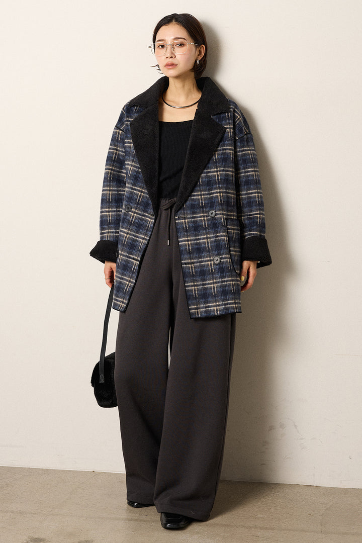 [SET]裏地ボアタータンチェック柄ミディアムコート+裏起毛スウェットワイドパンツ(2set)