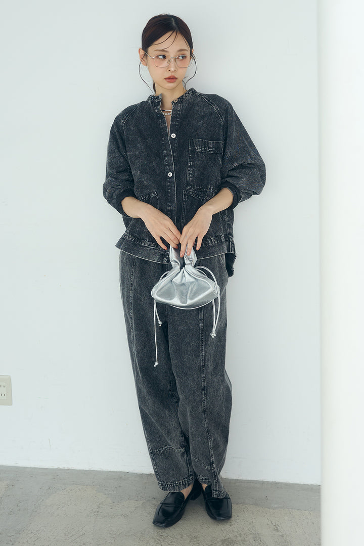 [SET]カラーデニムケミカル加工ノーカラーブルゾン+カラーデニムケミカル加工コクーンパンツ(2set)