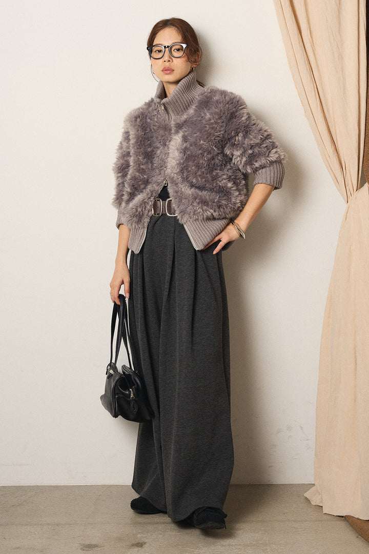 [SET]ハイネックボアブルゾン+フェイクレザー太ベルト付きタックワイドパンツ(2set)