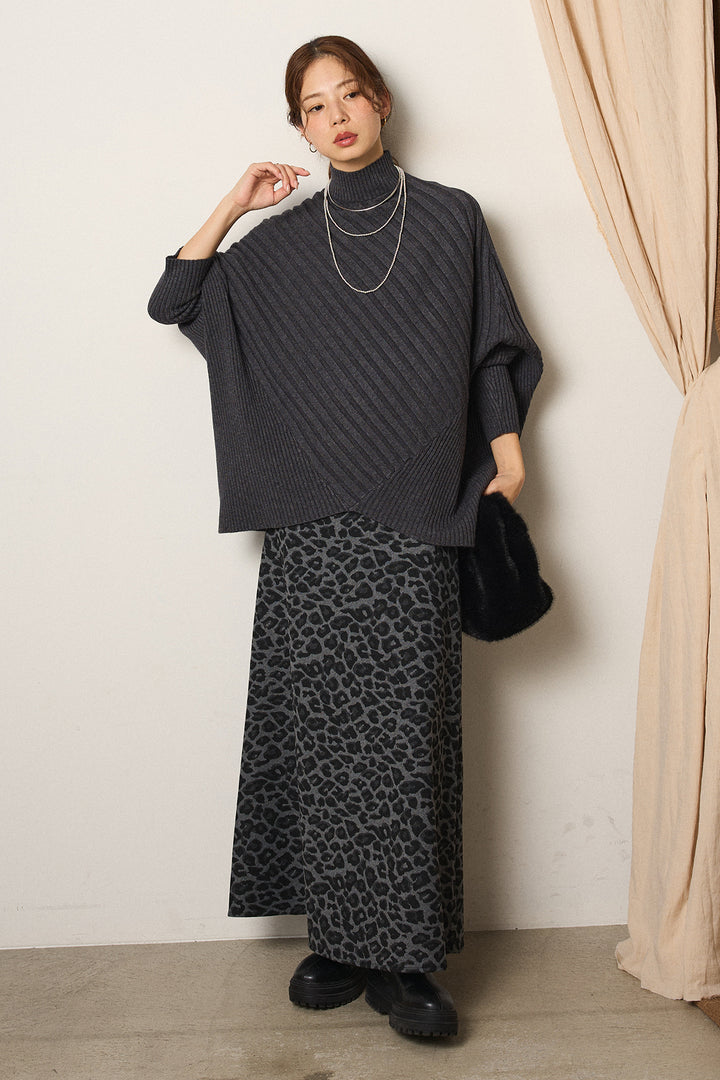 [SET]アシメデザインリブポンチョニットトップス+レオパードロングスカート(2set)