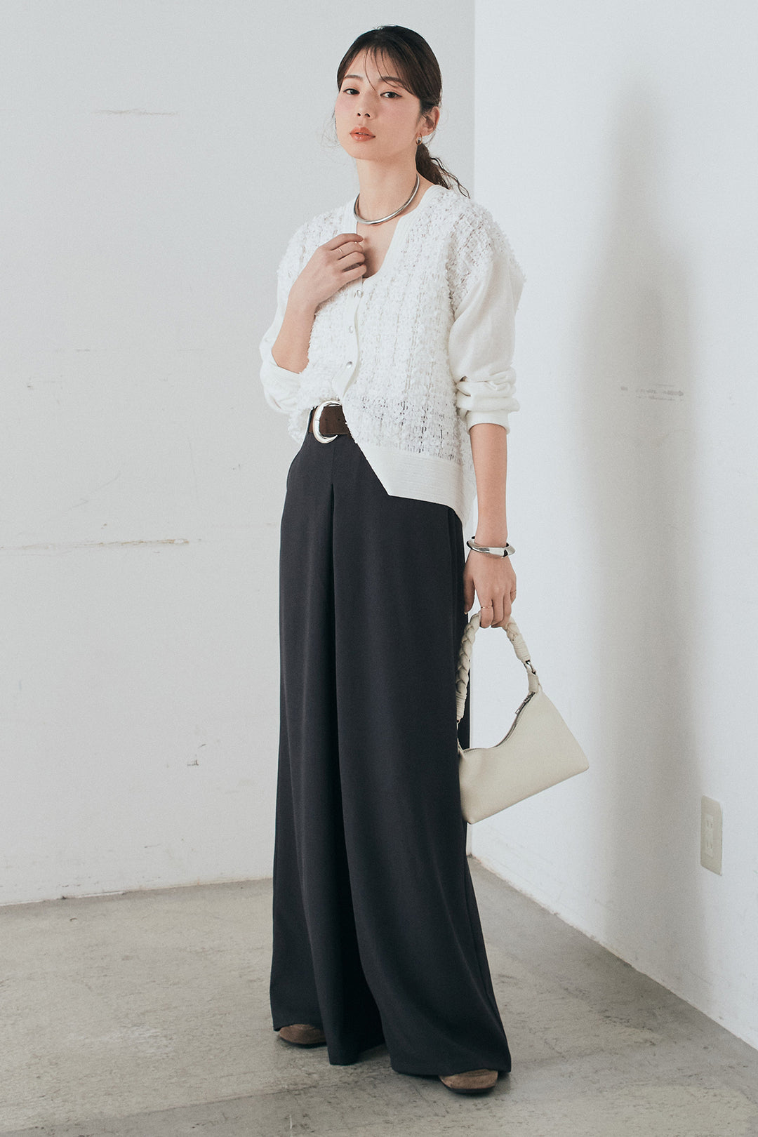 [SET]モコレースVネックカーディガン+太ベルト付きフロントタックパンツ(2set)