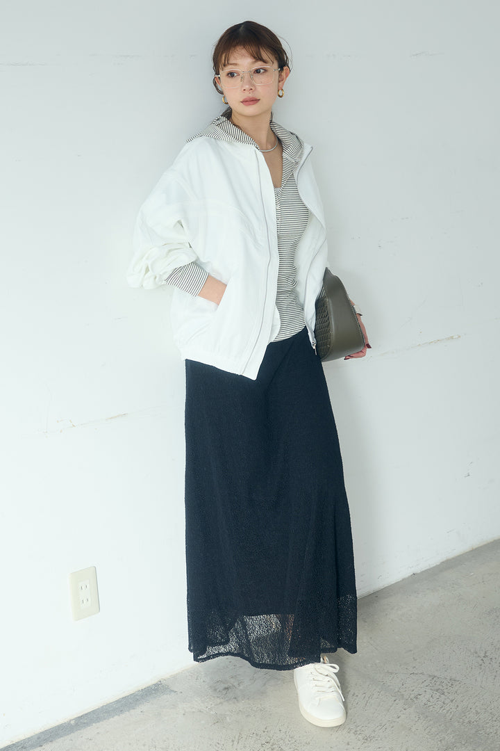 [SET]マルチ切り替えドルマンブルゾン+メッシュ刺繍ロングスカート+ボーダーフーディーロンT(3set)