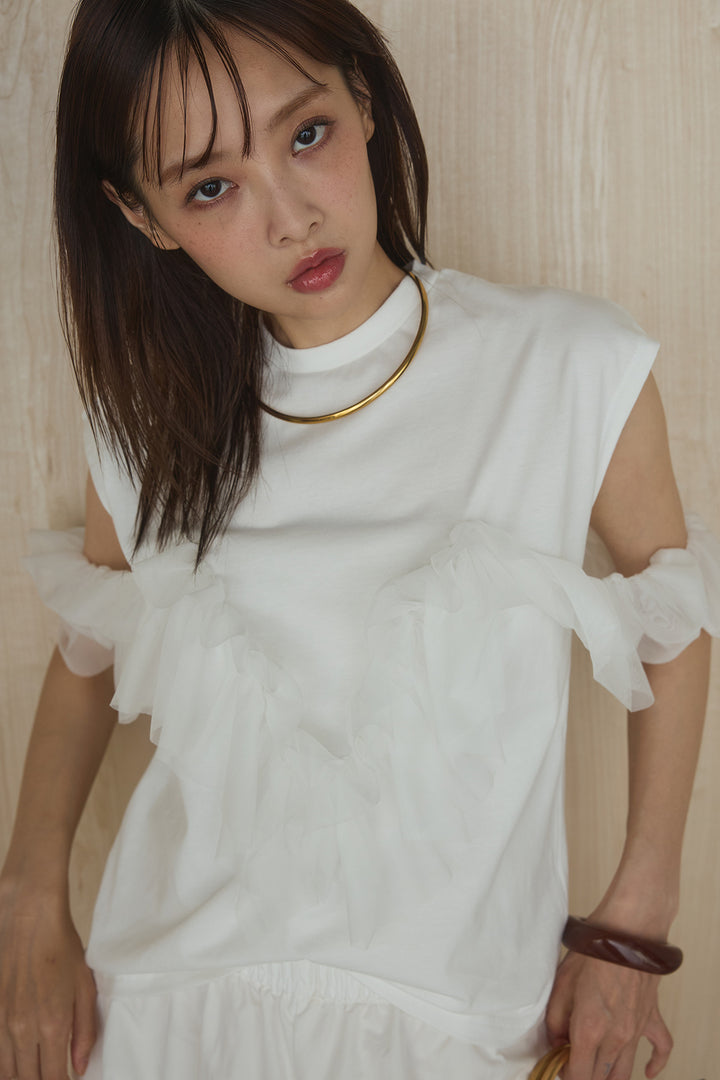 [SET]チュールフリルフレンチTシャツ+ルーズカーゴワイドパンツ(2set)