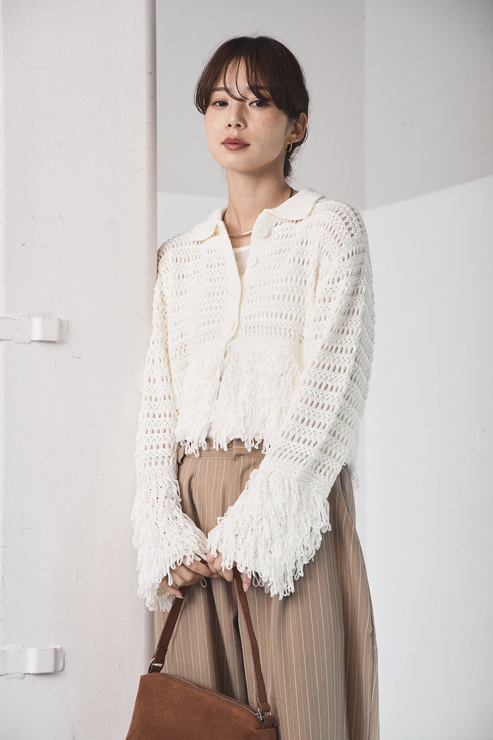 [SET]メッシュフリンジカーディガン+ヘリンボーンストライプツータックパンツ(2set)