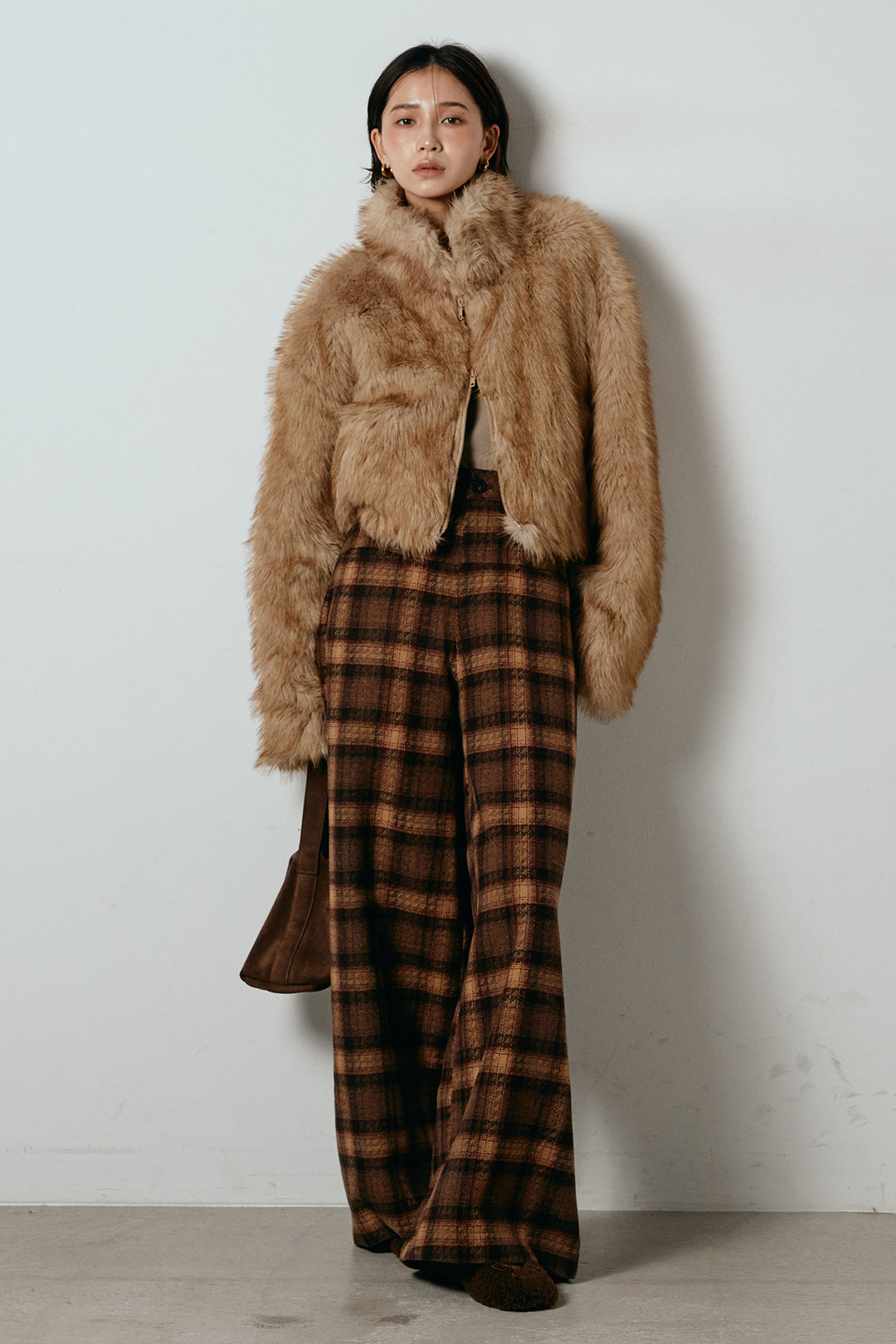 [SET]エコファーショート丈ブルゾン+ルーズタータンチェックワイドパンツ(2set)