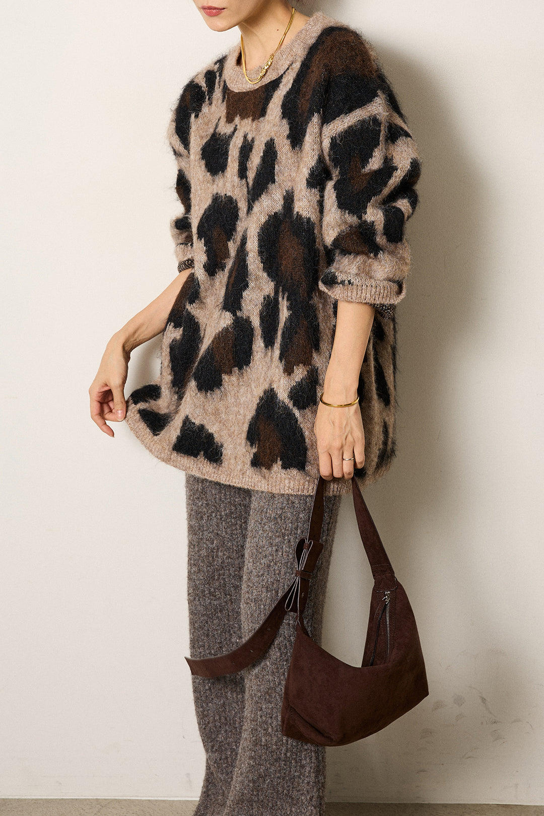 [SET]ルーズアニマルモヘアニットトップス+杢ニットリブフレアパンツ(2set)