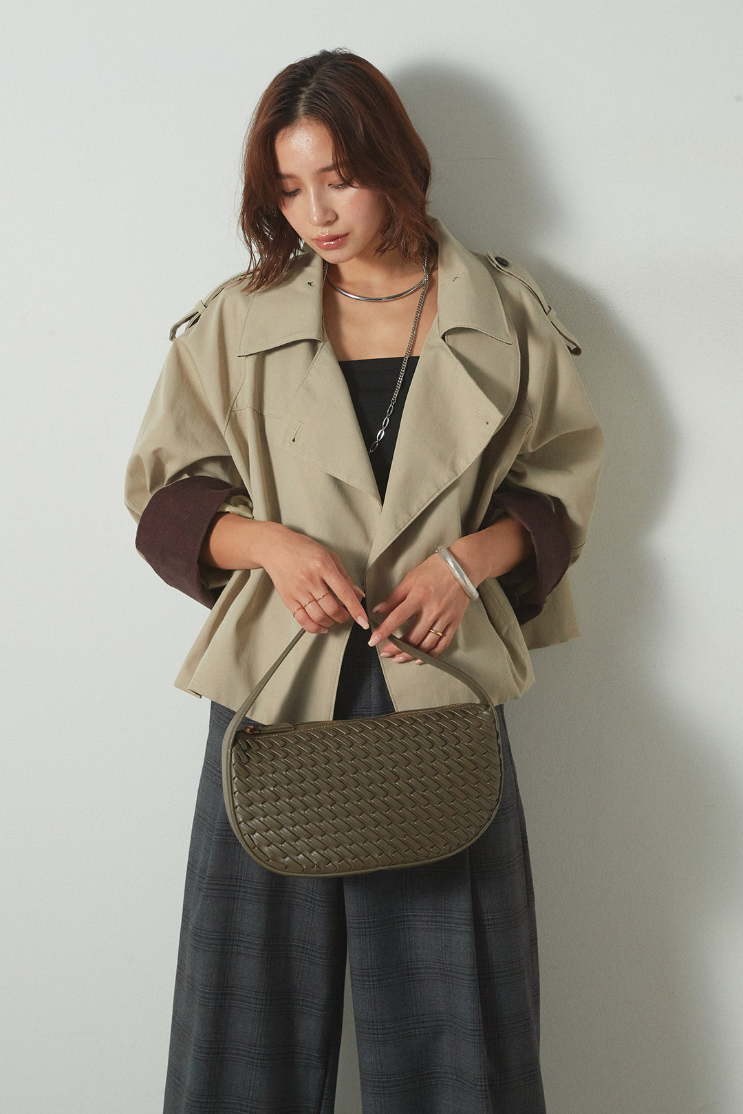 [SET]ハイネック配色ジャケット+フェイクレザーベルト付きタータンチェックパンツ(2set)